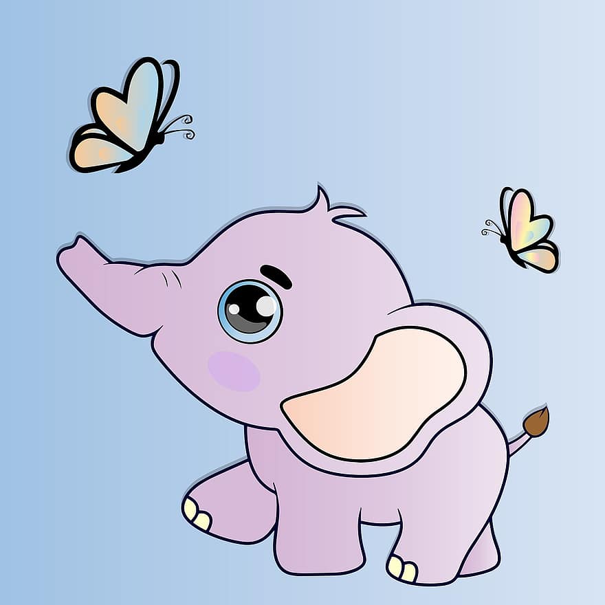Elephant, Drawing, Digital Drawing, Animal, Butterflies, Cute, cartoon, illustration, vector, fun, insect