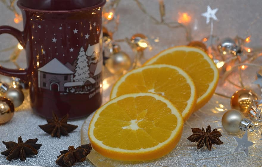 rodajas de naranja, frutas, motivo navideño, bebida de navidad, Decoración navideña, Navidad
