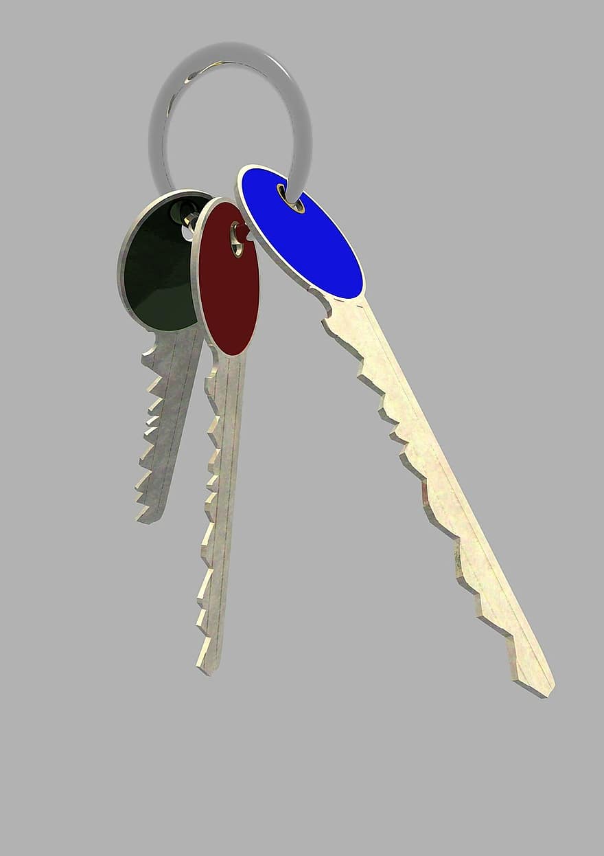 raktai, metalo, raktų pakabukas, spalvotas, raudona, žalias, mėlyna