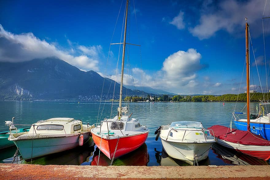Boats, Yacht, Port, Lake, Mountains, Cabin, France, Lac-d'annecy, Annecy, Bergsee, Sailing Boat