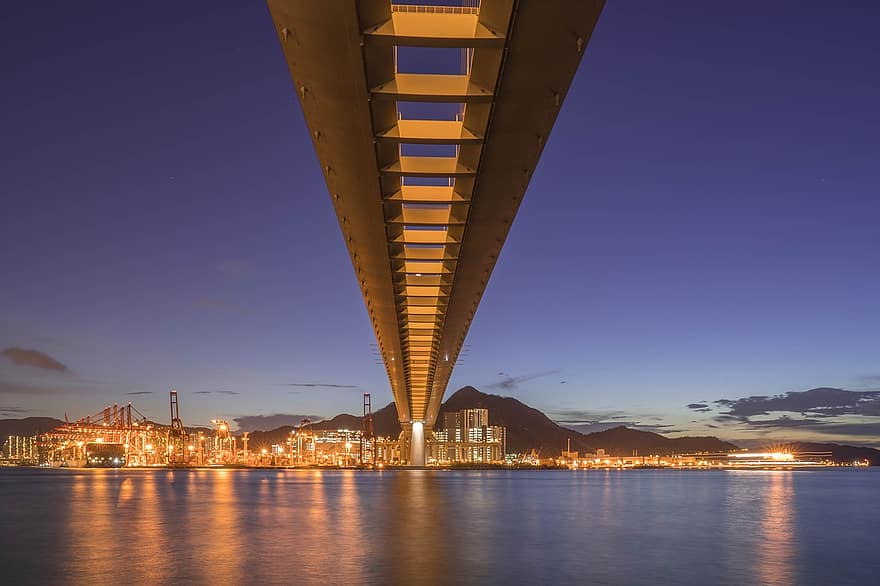 pont, structure, route, trafic, Autoroute, architecture, mer, port, ville, l'horizon, lumières de la nuit