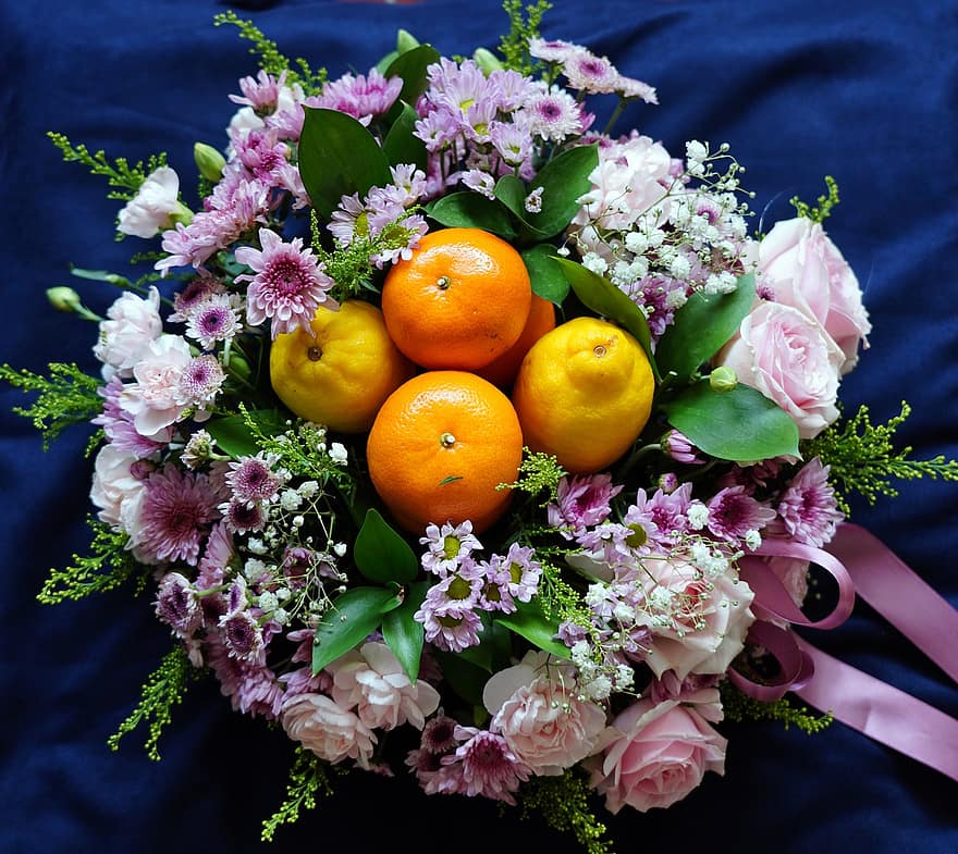 ziedi, augļi, pušķis, citroni, apelsīni, citrusaugļi, krizantēmas, rozes, ziedu kompozīcija, ēdiens, bioloģiski