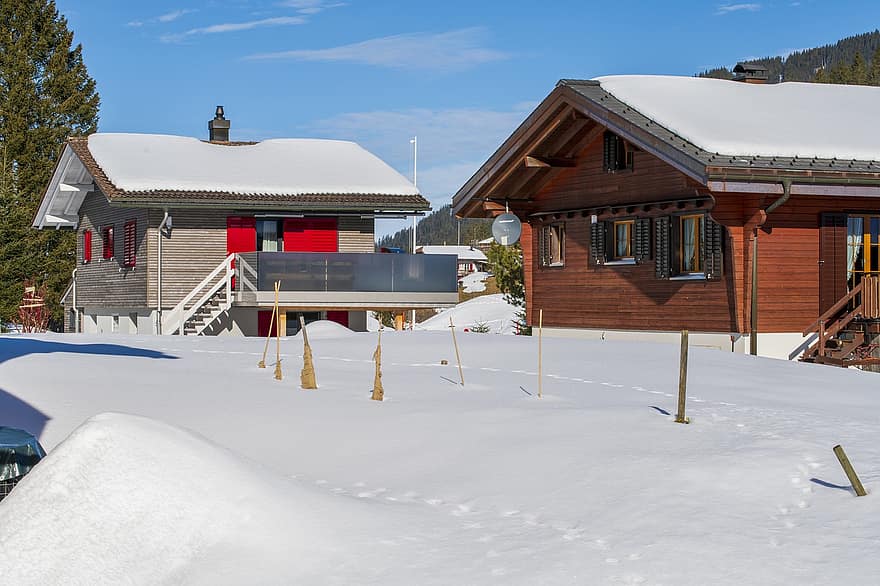 Houses, Village, Winter, Snow, Footprints, Snowdrift, Alps, Town, Brunni, Canton Of Schwyz, Switzerland