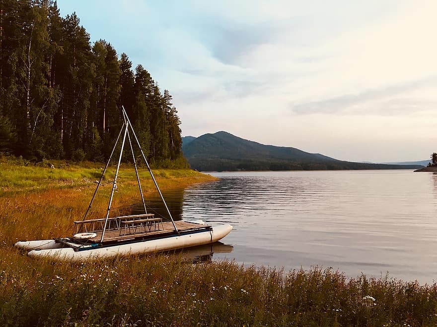 río, catamarán, lago, bote, naturaleza, Siberia, Krasnoyarsk, paisaje, yenisei