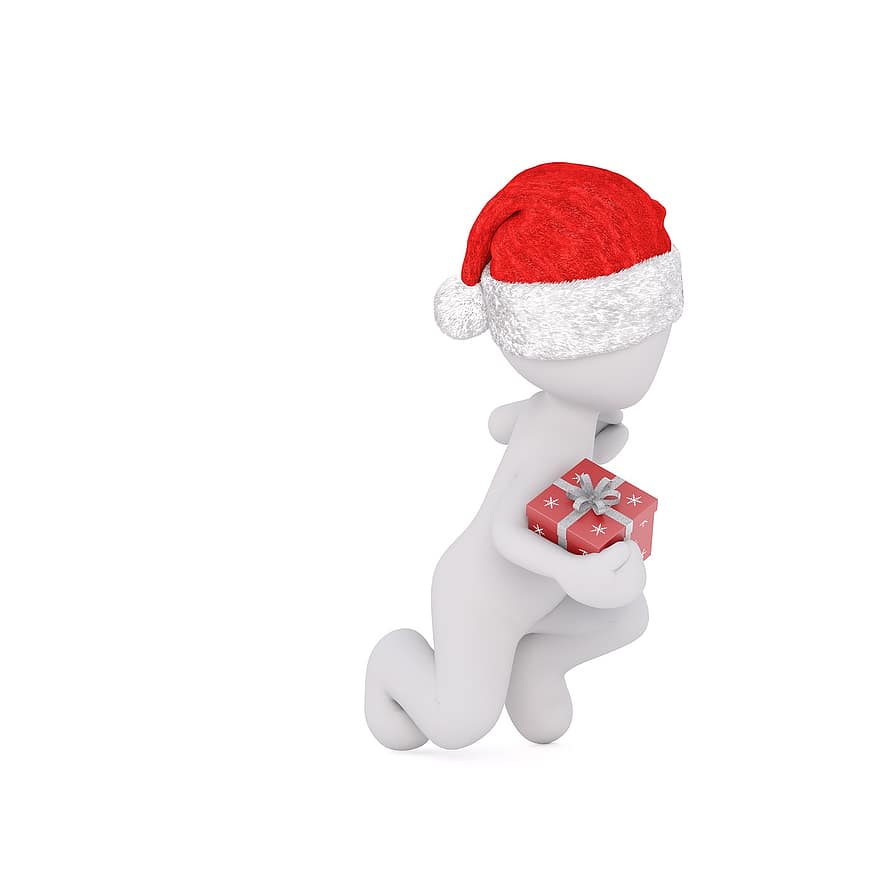 jul, vit manlig, hela kroppen, santa hatt, 3d modell, figur, isolerat, gåva, presentlåda, julklapp, håll hårt