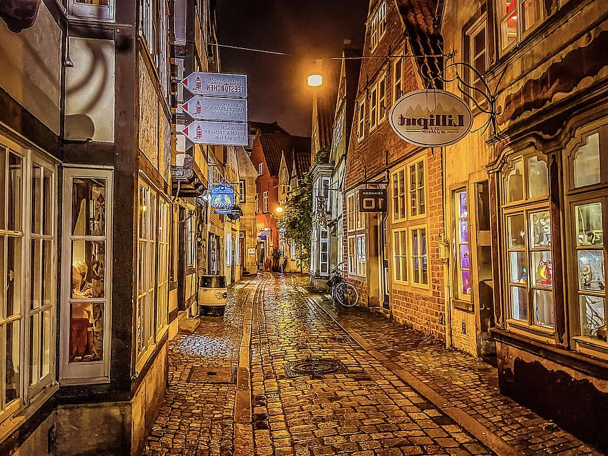 vanha kaupunki, kuja, Bremen, Schnoor, katu, tie, jalkakäytävä, rakennukset, historiallinen, kaupunki, yö-
