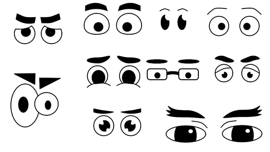 øjne, Tegneserie øjne, udtryk, emojis, tegneserie, ikon, isolerede, vektor, illustration, kollektion, menneskeligt ansigt