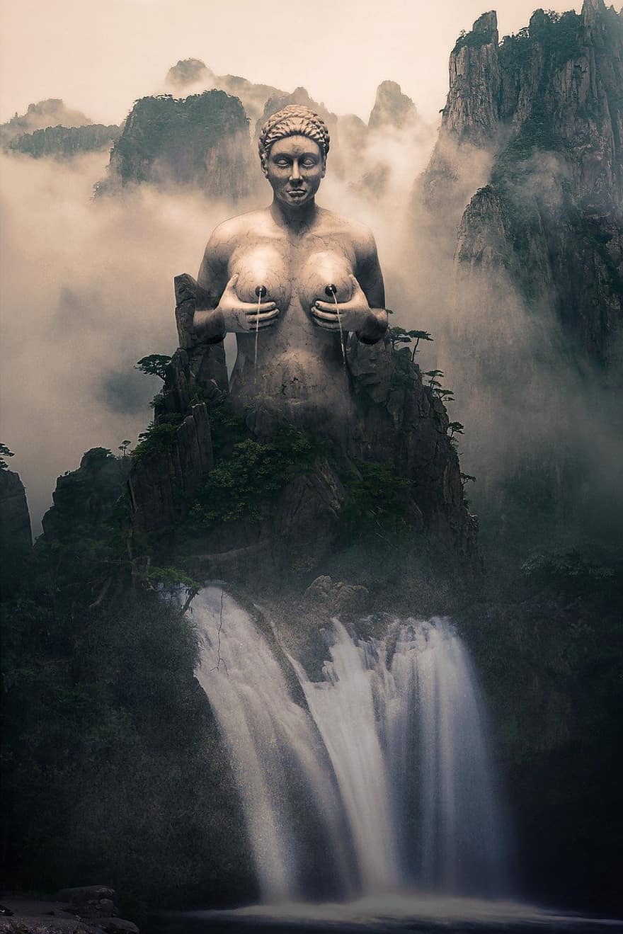 Diosa del agua, diosa, agua, paisaje, fantasía, paisaje de fantasía, estatua, escultura, oscuro, niebla, cielo