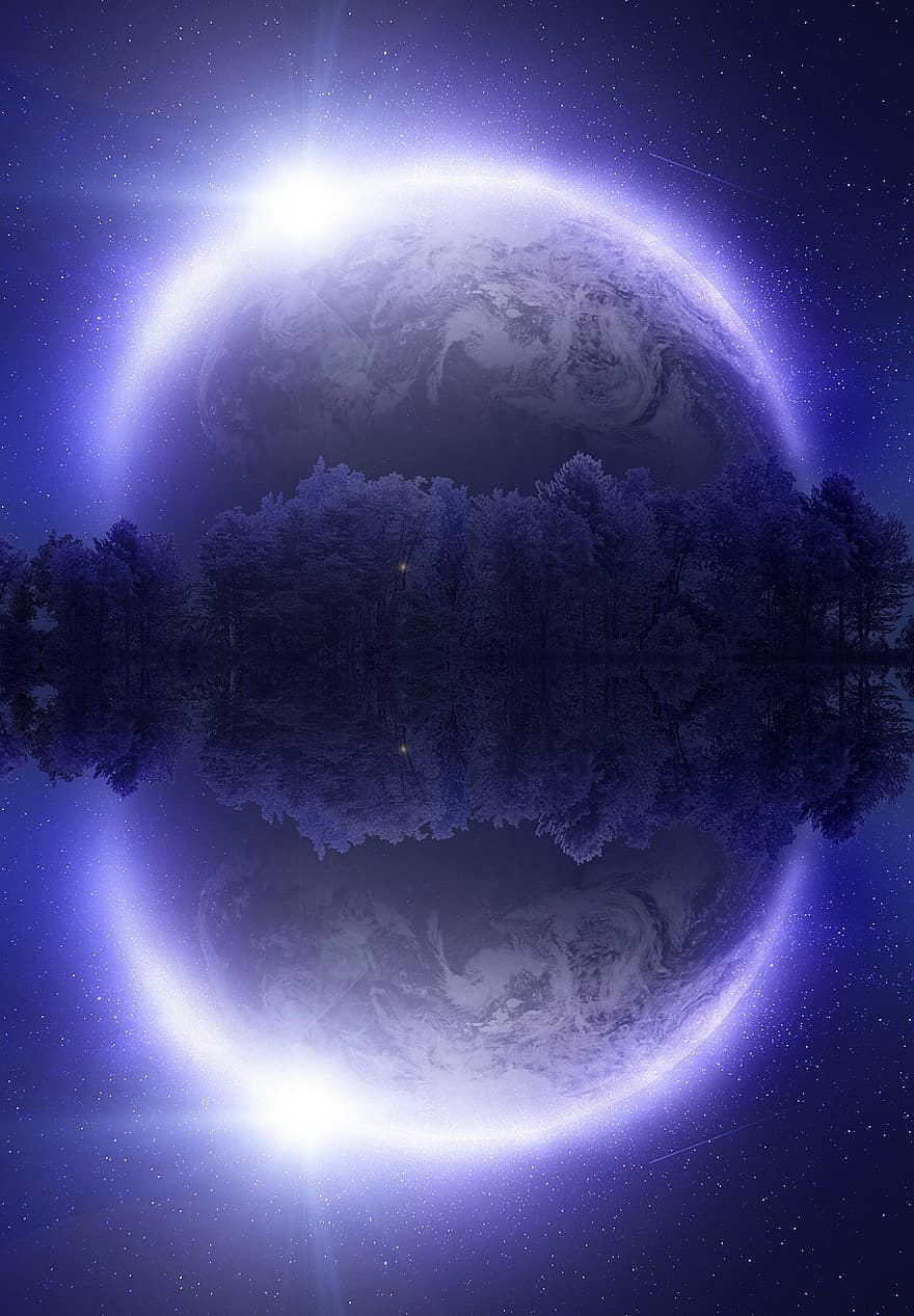 Earth, Globe, Forest, Trees, Reflection, Water, Stars, Space, Sky, Astrology, Fantasy