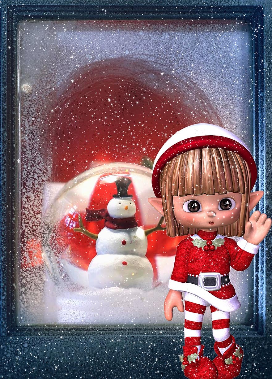 Background, Window, Christmas, Snowman, Elf, Fantasy, Female, Character, Digital Art