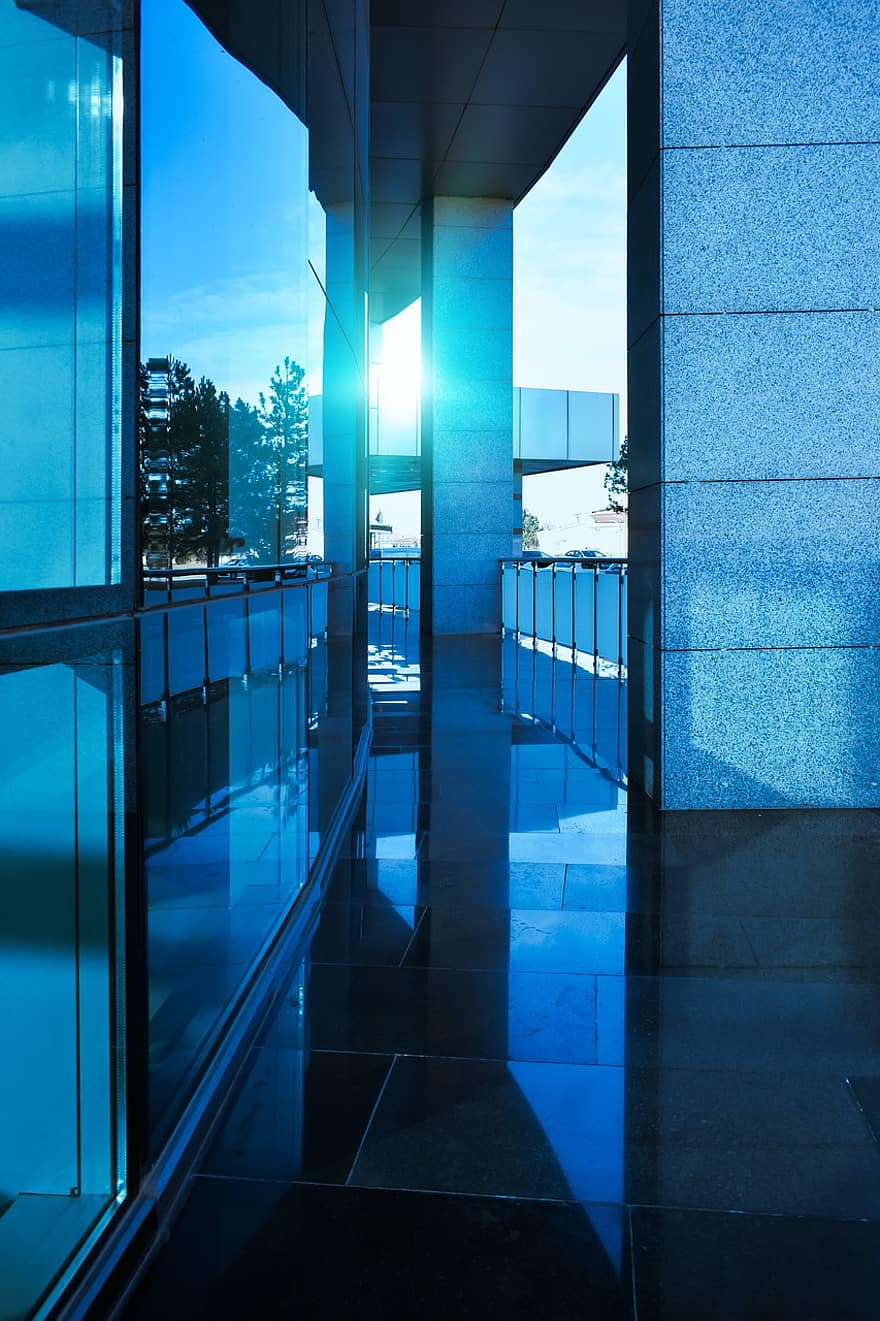 Building, Urban, Architecture, Glass, indoors, window, modern, flooring, blue, built structure, wall