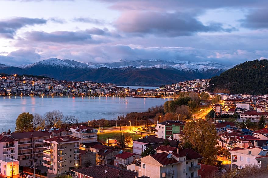 Grecia, lago, notte, Kastoria, montagna, Macedonia occidentale, inverno, luci notturne
