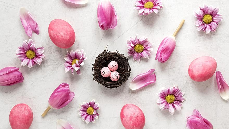 uova di Pasqua, fiori, distesa piatta, sfondo, Pasqua, nido, tulipani, petali, uova colorate, uova, pasqua 2021