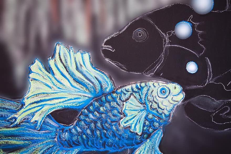 Fish, Graphic, Sketch, Black, Blue, Turquoise, Board, Chalk, Bubble, Cheerful