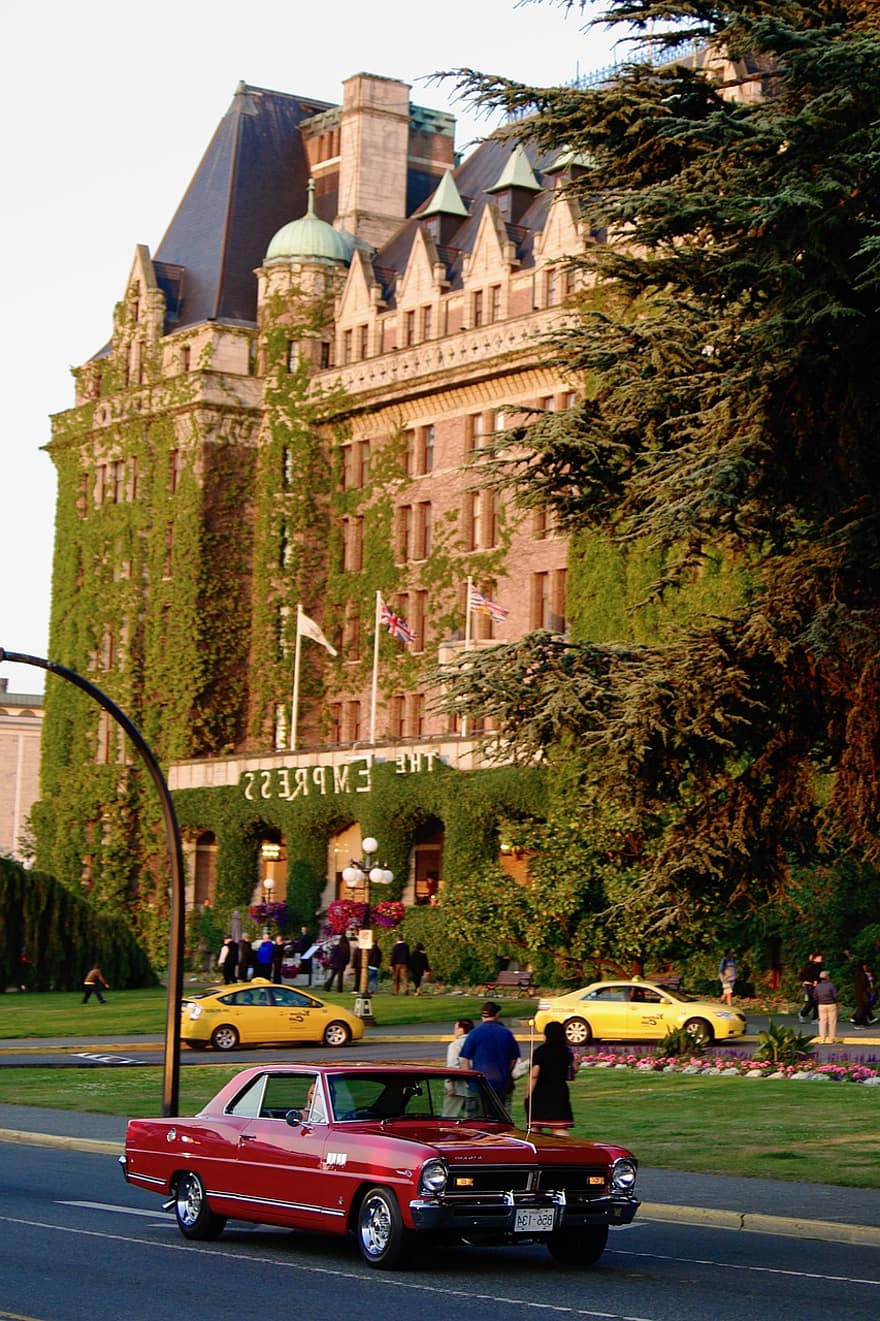 „Empress“ viešbutis, Viktorija, Britų Kolumbija, viešbutis, pastatas, orientyras, architektūra, automobilis, derliaus, klasikinis, retro