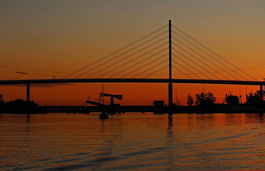 Stralsund, rügen híd, Strelasund, Balti-tenger, Rügen, hanseatic város, magas híd, rügen gát, híd, napnyugta, abendstimmung