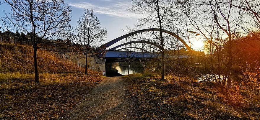 bro, solnedgang, brandenburg, Tyskland, Berlin, efterår, Kleinmachnow, Teltow-kanalen, Skov, arkitektur, træ