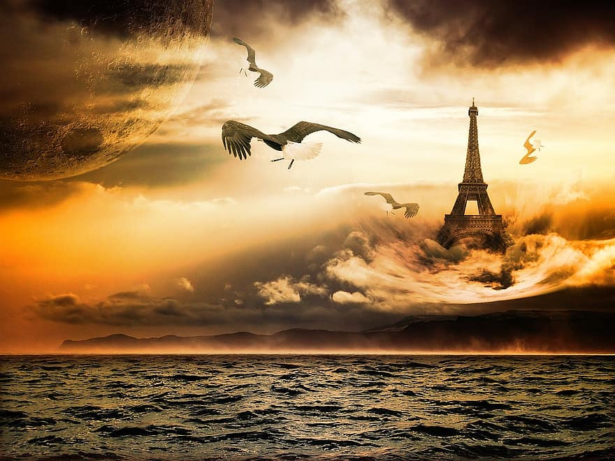 fantezie, turnul Eiffel, mare, nori, apus de soare, pescăruși, soare, cer, cerul de seară, amurg, de foc