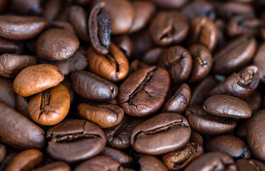 Kávová zrna, opečený, aromatický, kofein, povzbuzující, fotografování potravin, hnědá káva, pražená kávová zrna, kávová semena, koření, celá kávová zrna
