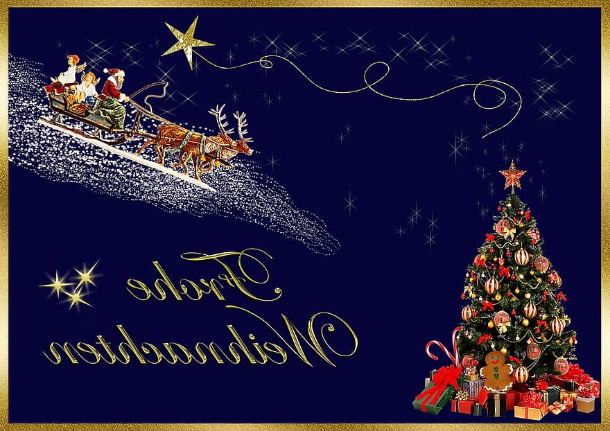 Kalėdinis atvirukas, linksmų Kalėdų, Kalėdų sveikinimas, mėlyna, auksas, eglė, skaidrę, žvaigždė, šventinis, dekoruoti, dovanos