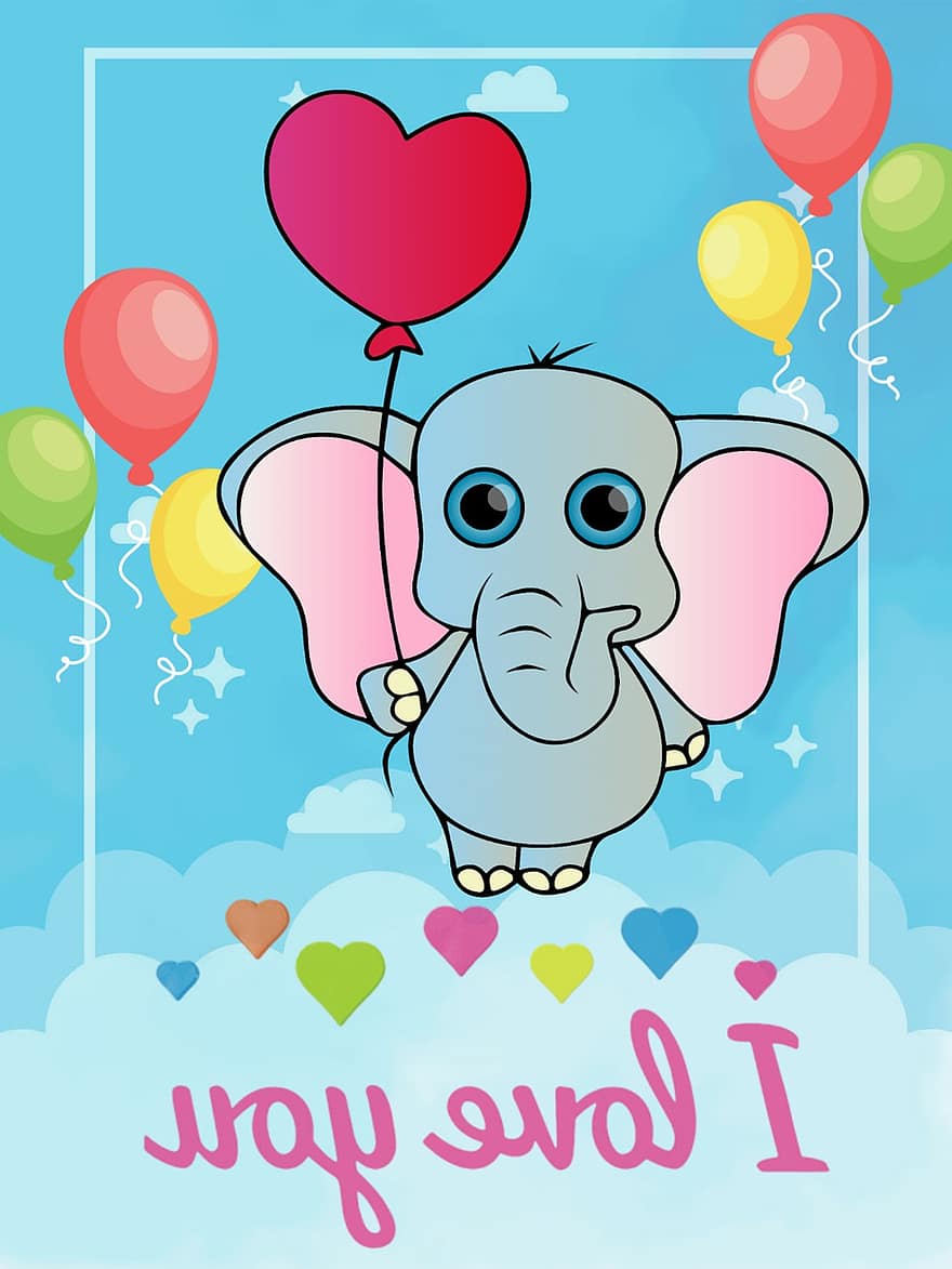 cartão postal, elefante, amor, namorados, feliz Dia dos namorados, romântico, corações, celebração, ilustração, balão, vetor