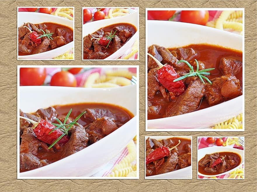 Goulash, Collage, Meat, Beef, Court, Main Course, Cook, Eat, Food, Protein, Mager