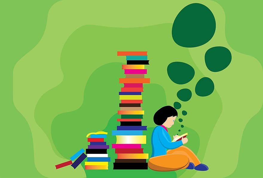 книги, четене, момиче, четец, икона, Икона за четене, знание, библиотека, Прочети, училище, плосък дизайн
