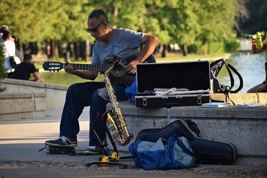 musicien de rue, artiste de rue, le trafic, la musique, musicien ambulant, spectacle de rue, parc, Houston