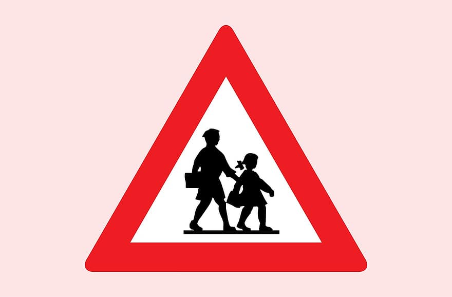 बच्चे, संकेत, सड़क, चेतावनी, लाल, चिंतनशील, यातायात, सवारी, ध्यान, सावधान