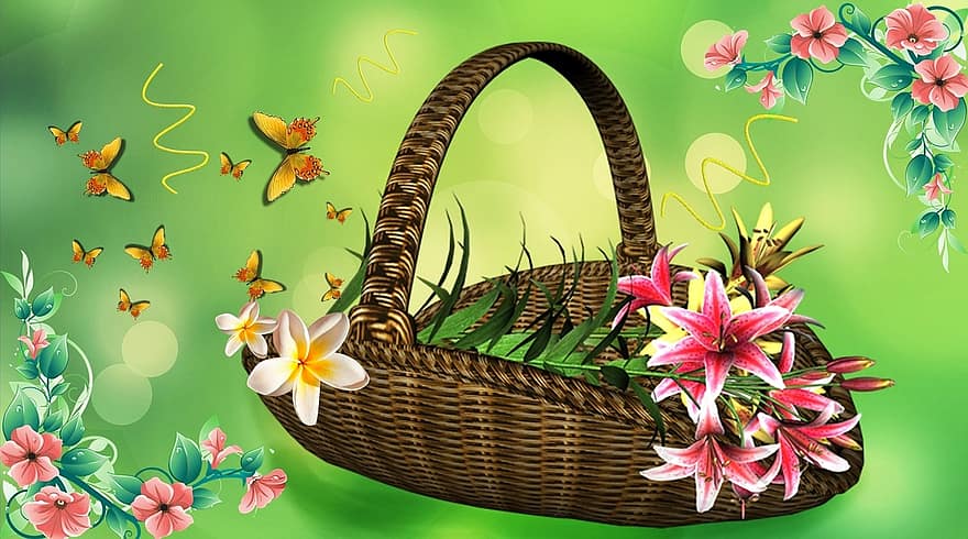 Basket Of Flowers, Flower Arrangement, Lilies, Pink Lilies, Flowers, Garden, Flower Garden, Nature, Small Flower, Flower Branch, Butterflies