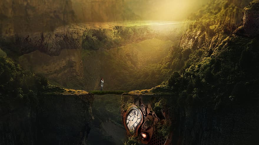 człowiek, Fantazja, krajobraz, Natura, marzenie, most, samotność, góry, zegar, sam, surrealistyczny