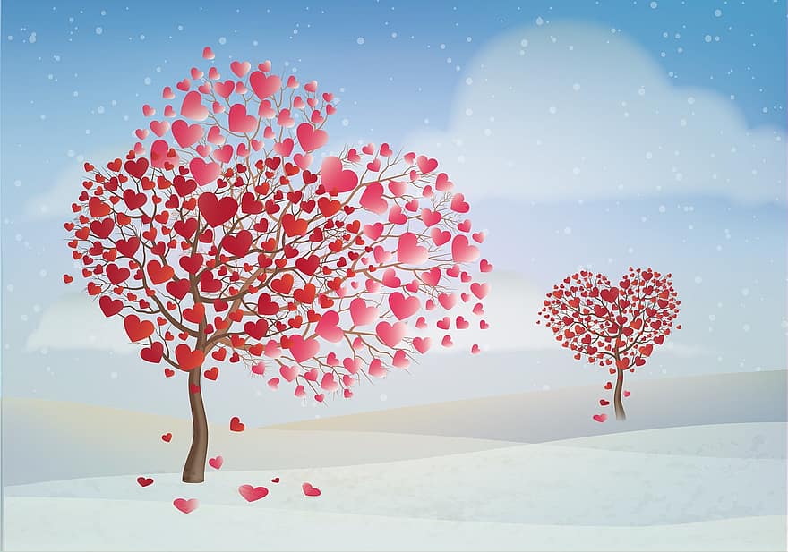 Valentīna, dienā, koks, Valentīndiena, mīlestība, sirds, Valentīna dienas fons, romantika, sarkans, romantisks, dizains
