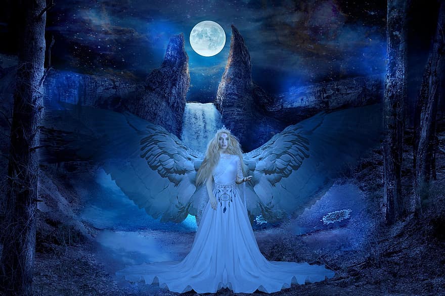 kalni, eņģelis, ūdenskritums, mēness, fantāzija, reliģiju, naktī, kristietība, tumšs, zils, noslēpums