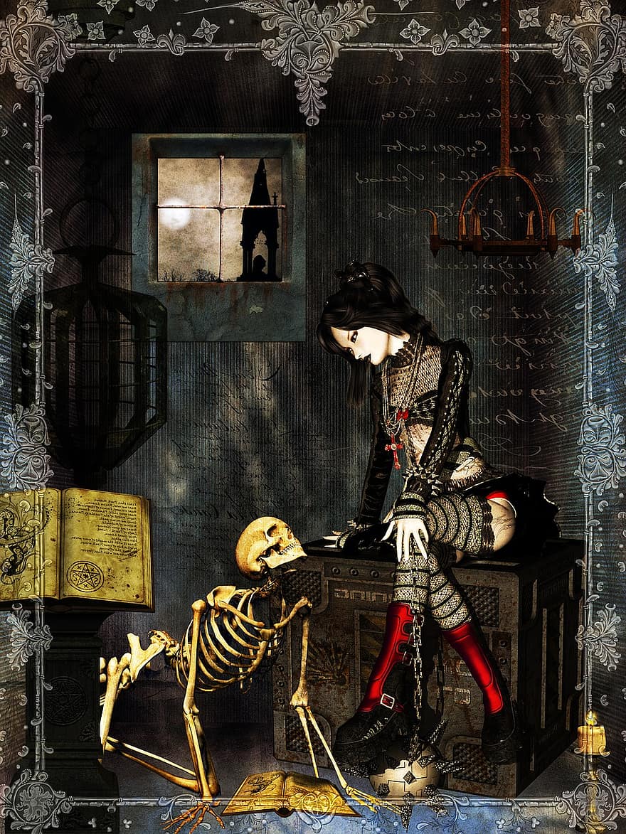 meisje, donker, gotisch, skelet, zittend, bespreken, fantasie, boek, kamer