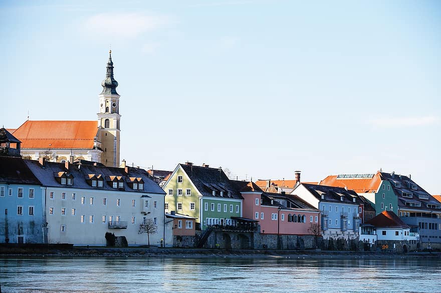 ville, immeubles, rivière, vieille ville, église, architecture, baroque, eau, Schärding, endroit célèbre, des cultures