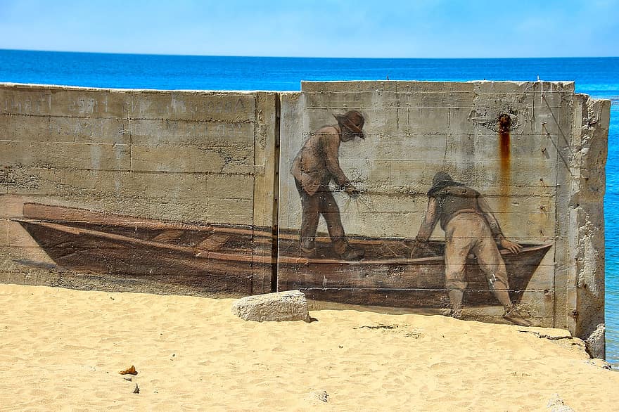 mural, barco, de praia, arte, Monterey, Califórnia, agua, pintura, oceano