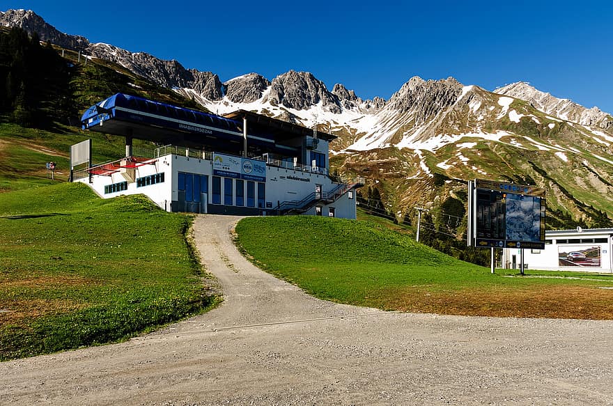 montanhas, alpino, construção, panorama, estrada, aldeia, campo, Alpes, Tirol