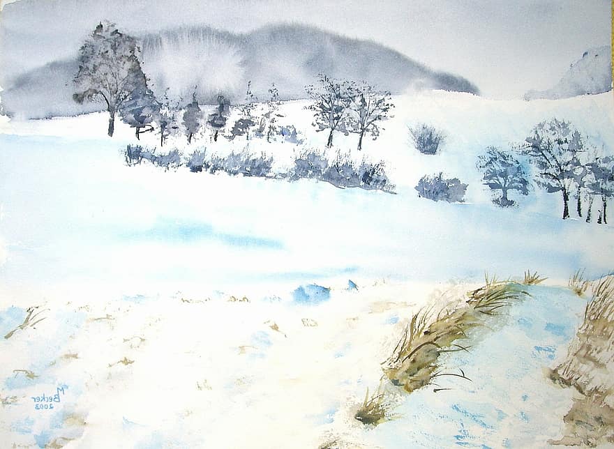 vinter, snø, landskap, felt, trær, maleri, bilde, Kunst, maling, farge, kunstnerisk