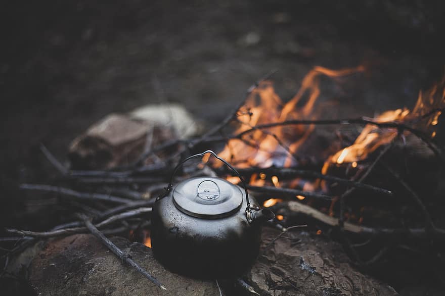 Campfire, Camping, Teapot, Tea, Flask, Boiling Water, Wastage, Water, Travel, Hot Water
