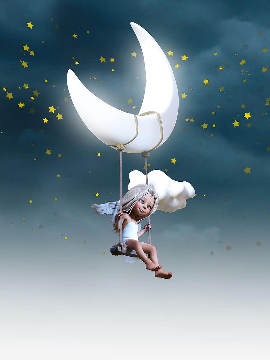 lune, des nuages, étoile, ange, ciel, contes de fées, livre pour enfants, fantaisie, aile, enfant, 3d