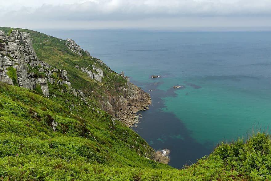 природа, океан, дестинация, на открито, Корнуол, Англия, гледки, брегова линия, стръмна скала, лято, вода