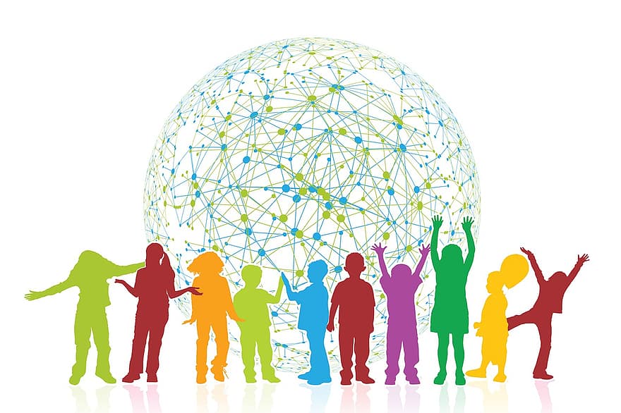 les enfants, jouer, réseau, le web, ensemble, relation amicale, à l'échelle mondiale, connectivité, communauté, Humain, silhouette