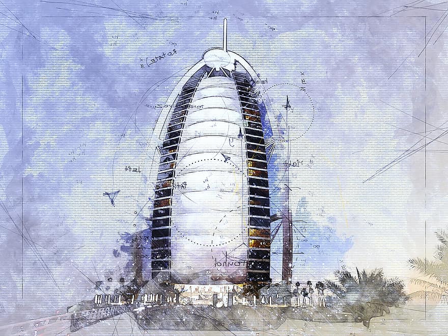 хотел, архитектура, бурж ал араб, емирства, лукс, блясък, Дубай, пътуване, сграда, фасада, модерен