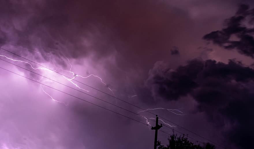 tormenta, cables, cielo, oscuro, clima, electricidad, energía, paisaje, nubes, peligro, fucsia