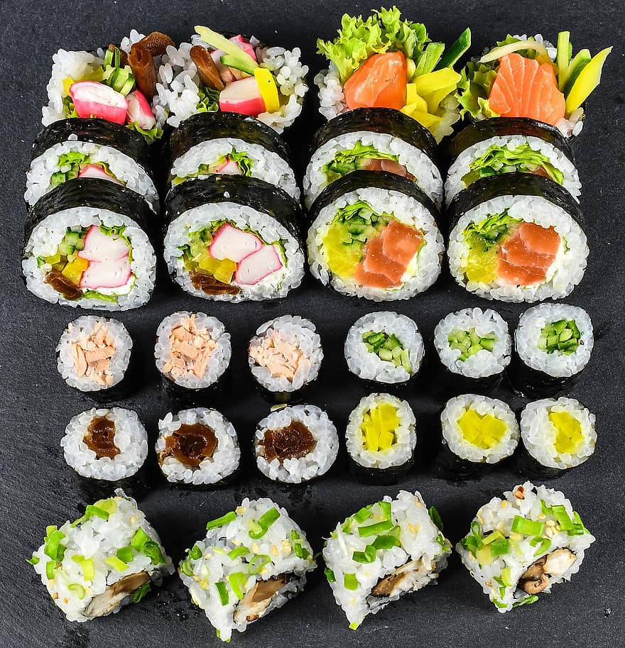 Sushi, rolos de sushi, maki, comida japonesa, cozinha japonesa, Comida, frutos do mar, gourmet, frescura, refeição, culturas
