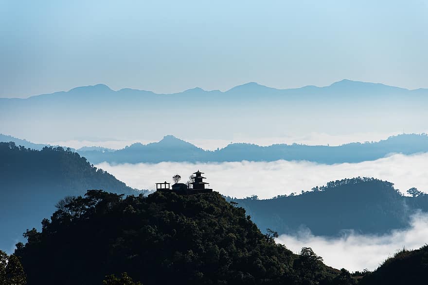 Покхара, горы, облака, панорама, храм, пик, встреча на высшем уровне, туман, горный хребет, пейзаж, природа