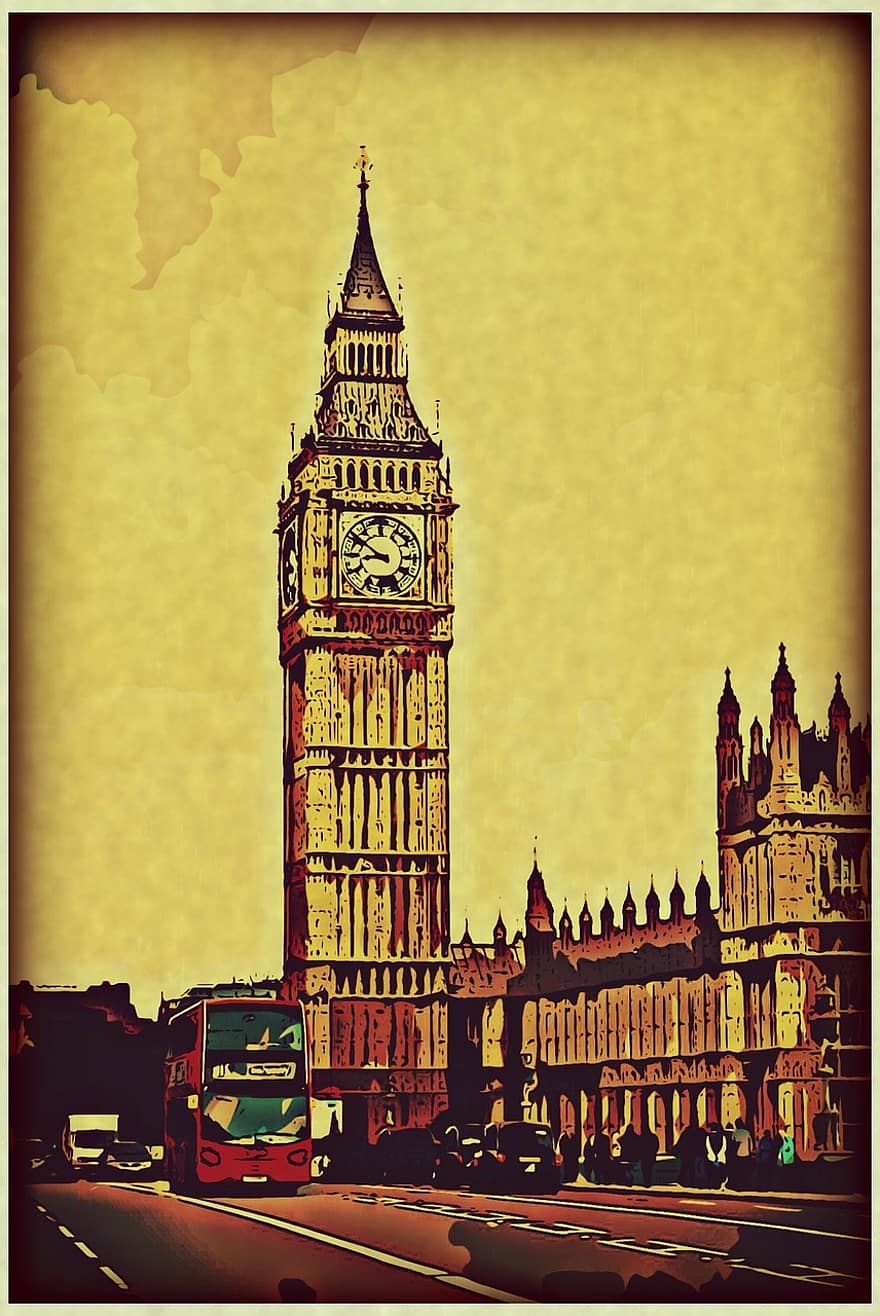 ロンドン、ビッグベン、クロック、ビンテージ、はがき、ランドマーク、黄色のメール、黄色い時計