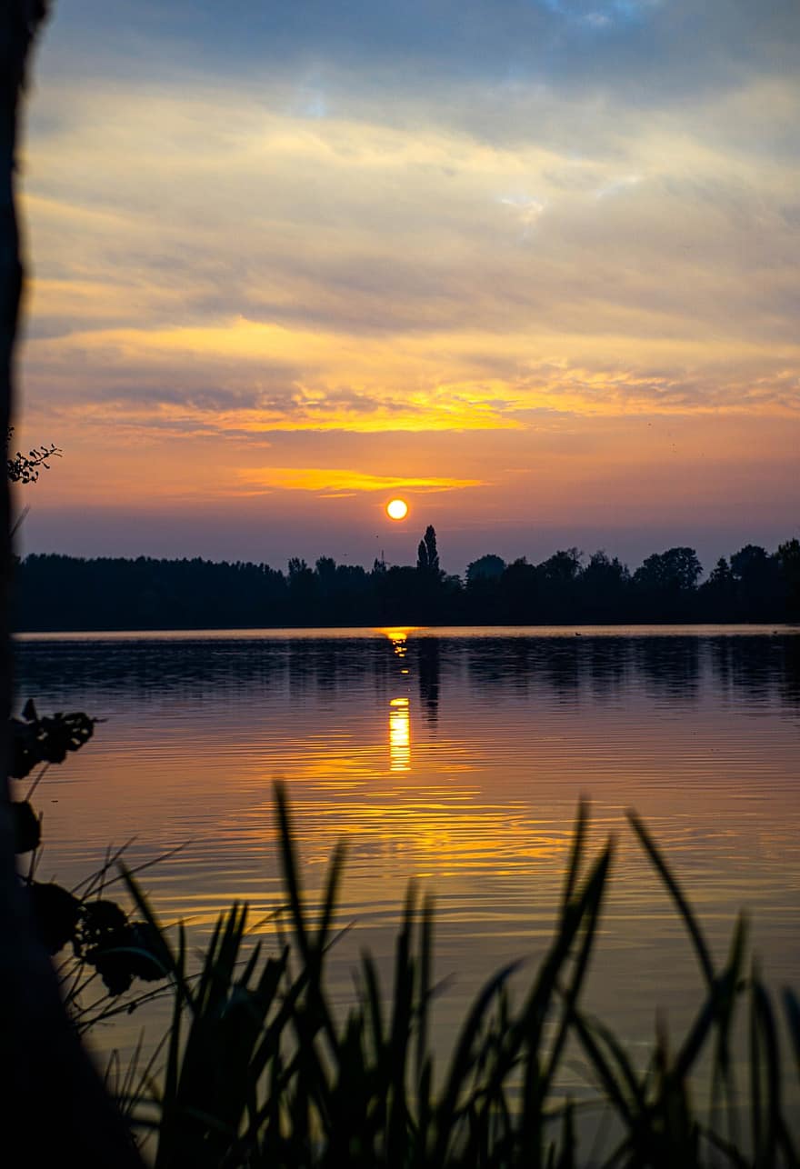 Lake, Reflection, Sun, Sunlight, Sunrise, Sunset, Silhouette, Dusk, Dawn, Evening, Morning