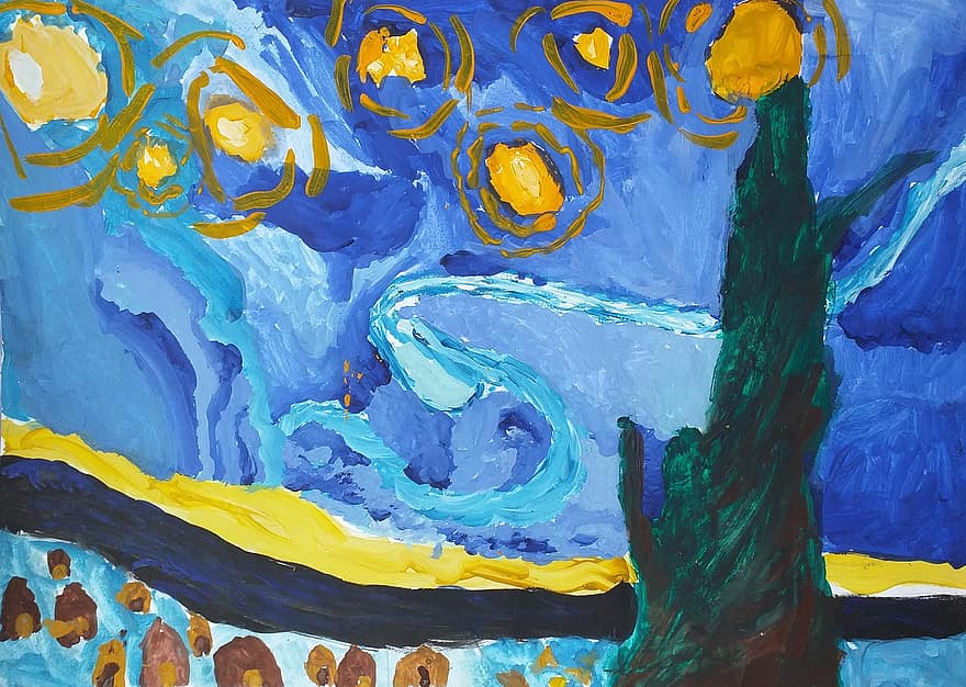 Vincent van Gogh, Postimpresjonizm, obrazek, Gwieździsta noc, obraz, kreatywność, artysta, Holandia, olej, rysunek dziecka