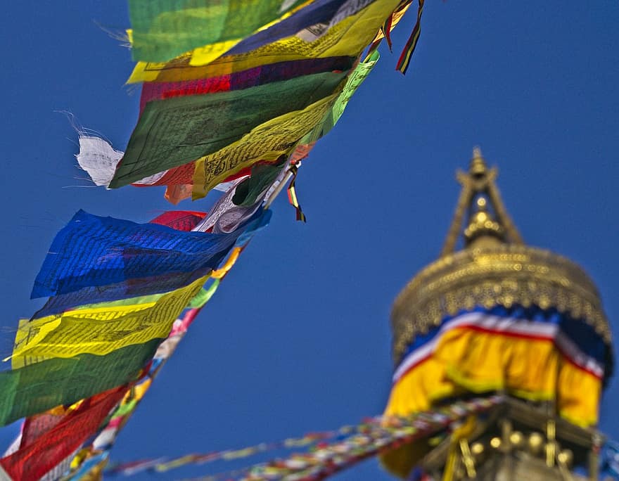 templom, Nepál, buddhizmus, zászlók, buddhista templom